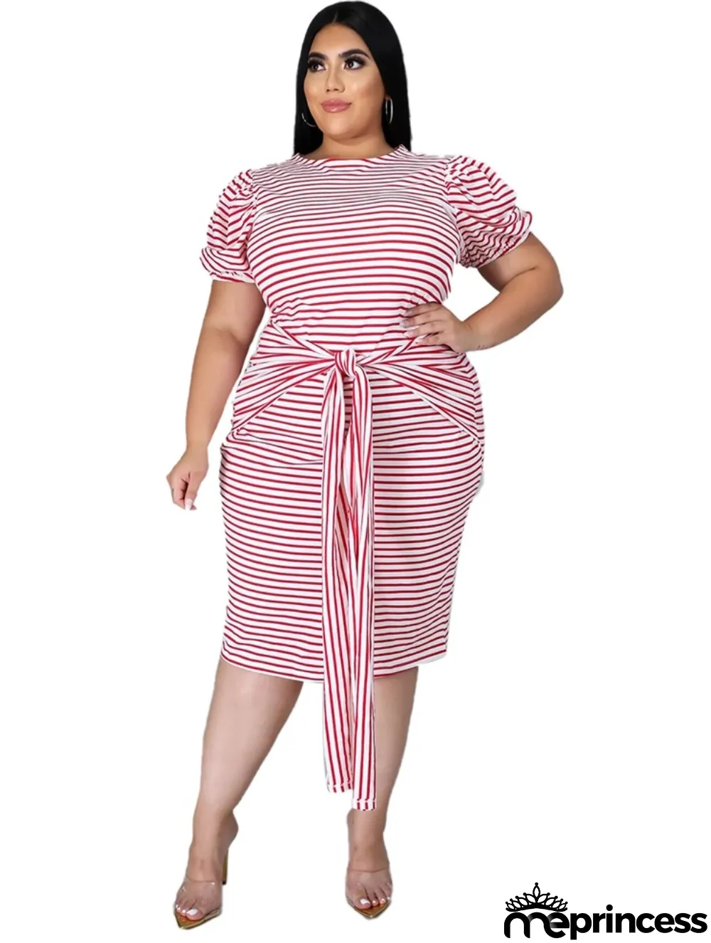 Plus Size Summer Striped Midi Dress with Belt