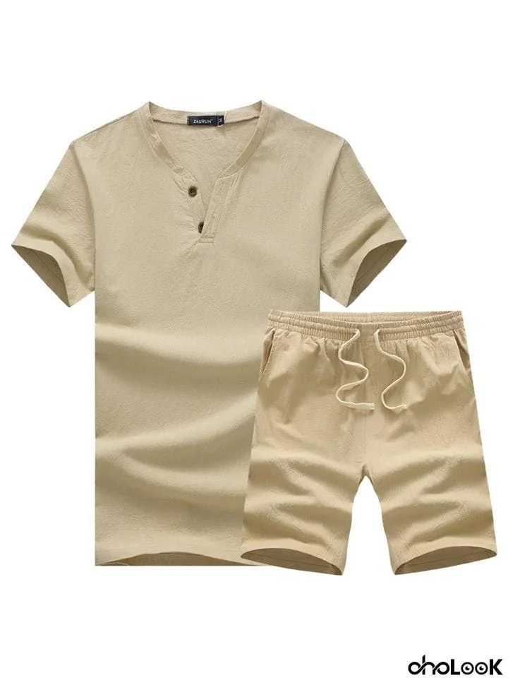 Men's 2 Piece Cotton Linen Short Sets for Summer