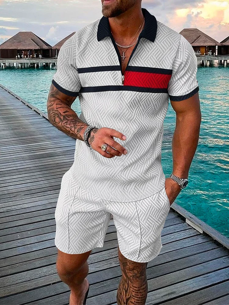 Men's Vacation Style Printed Polo Suit