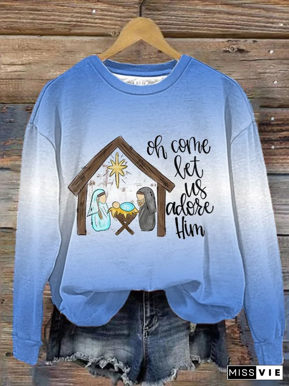 Women's Let Us Adore Him Christmas Nativity Print Sweater