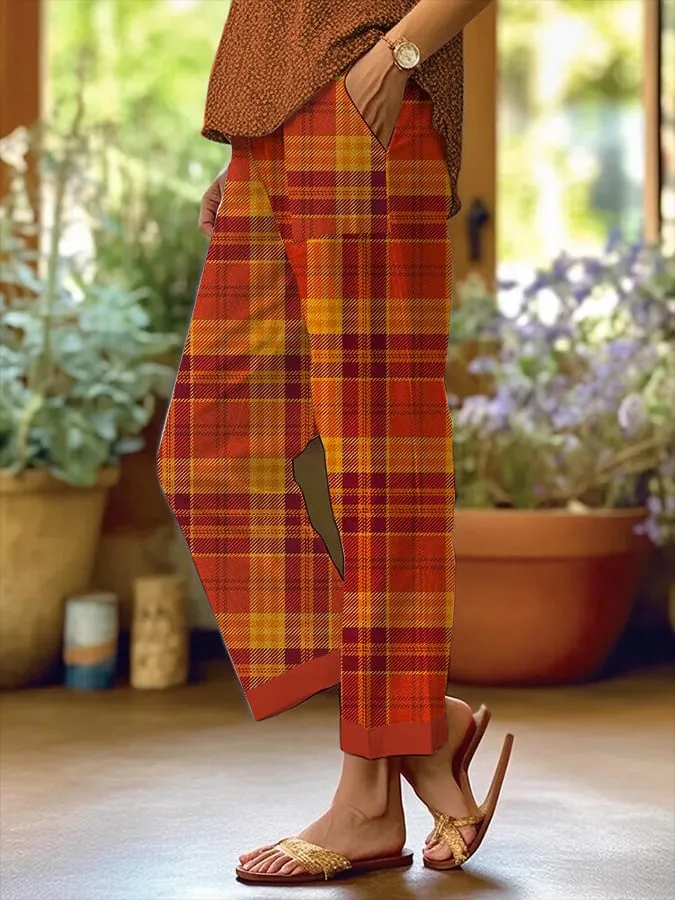 Women's Autumn Plaid Design Loose Pocket Stitching Casual Pants 