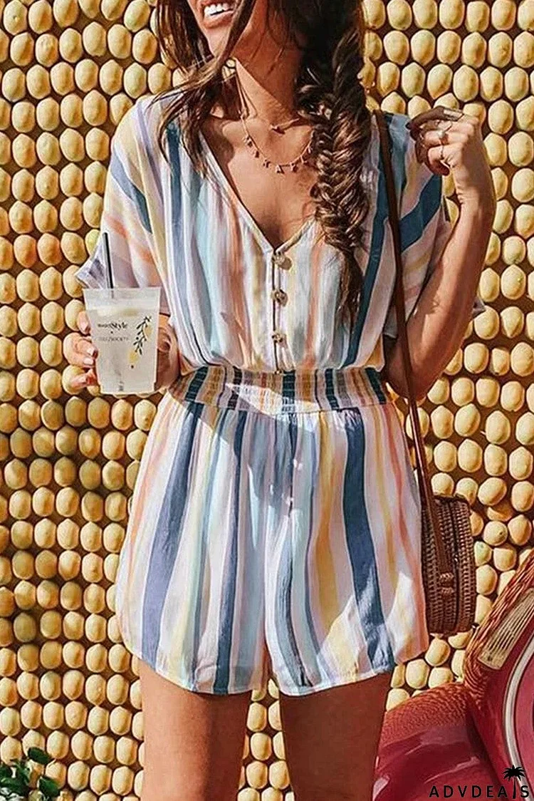 Striped Print V-neck Button Romper