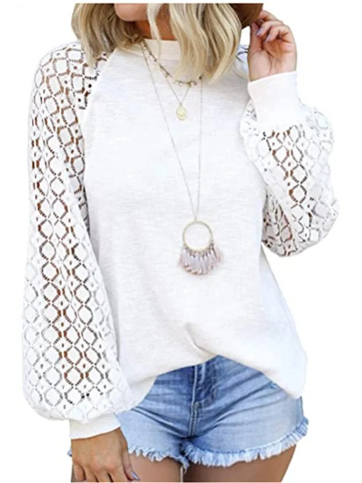 Round Neck Long Sleeve Lace Splicing Loose T-shirt-Cosfine