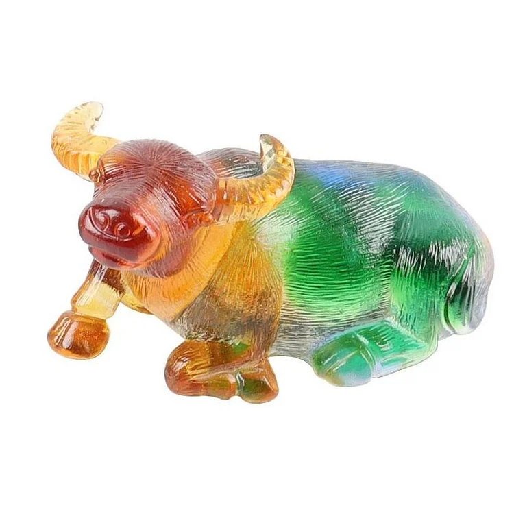 Handmade Colored Glaze Liuli Buffalo Crystal Carvings