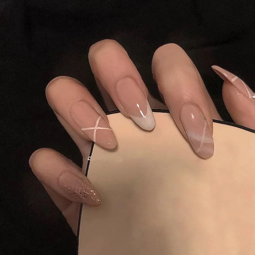 24Pcs Middle Length Ballerina Nude Pink Color False Nails Design With Heart Pattern DIY Artificial Fake Nails With Press Glue 1103 515-Nail Inspo