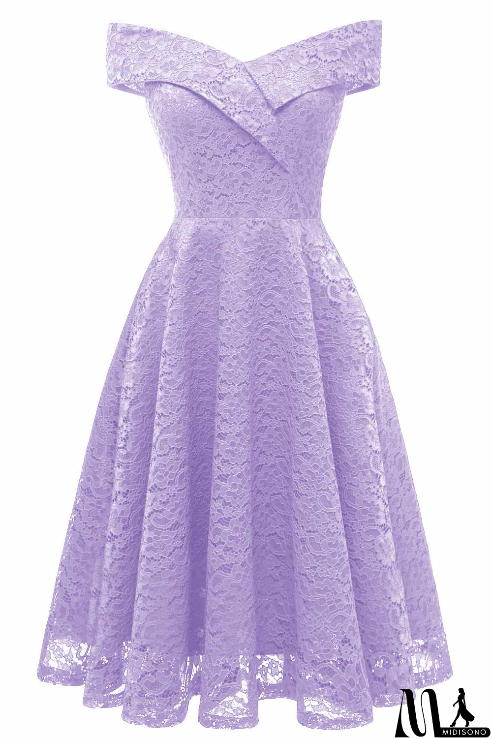 MidiSono - Purple Off-the-shoulder Lace Midi Prom Dress