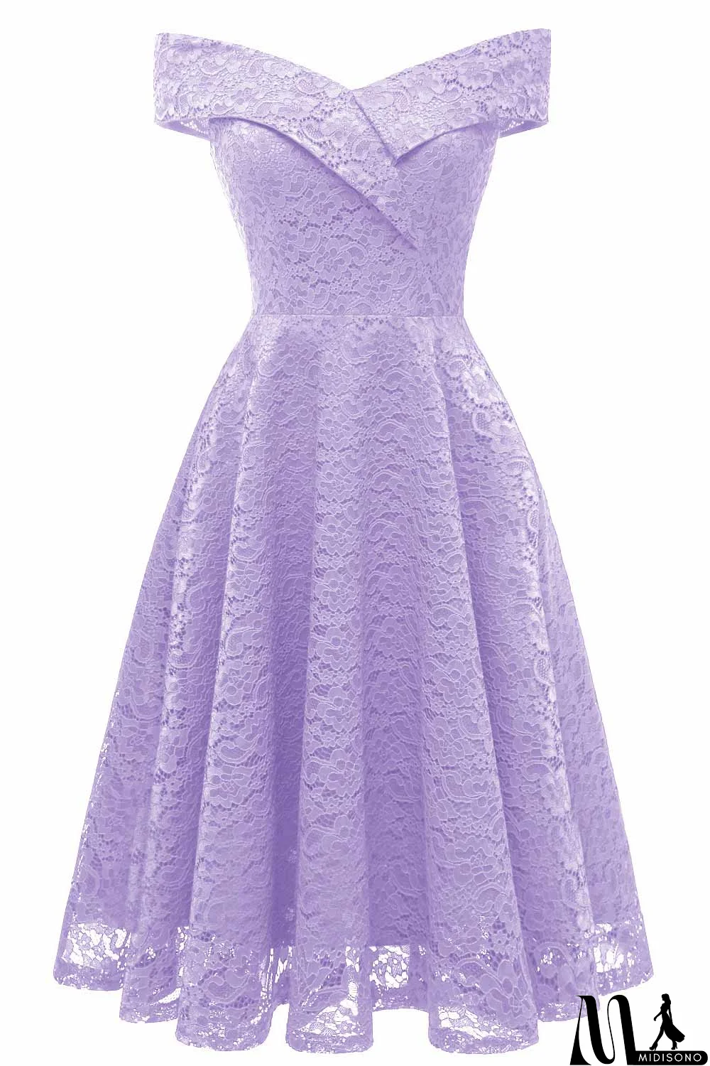 MidiSono - Purple Off-the-shoulder Lace Midi Prom Dress