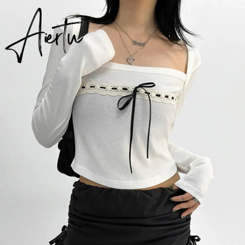 Aiertu  y2k Bow Square Collar T Shirt White Full Sleeve Cute Sweet Crop Top Harajuku Korean Chic Pullovers 2000s Autumn Winter Aiertu