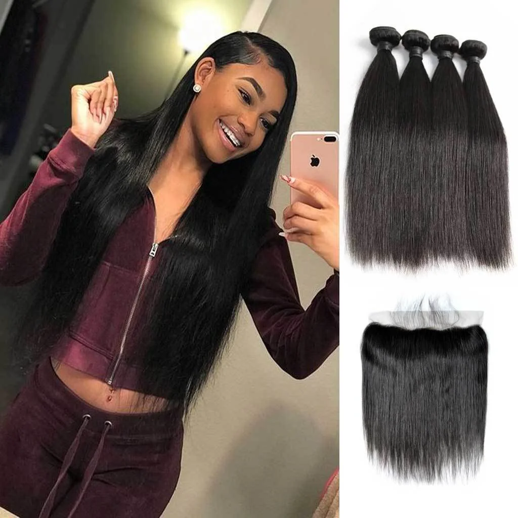 12A 3PCS + 13X4/13X6 Transparent Lace Frontal Straight 3 Bundles with Lace Frontal