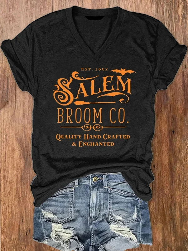 Vefave Women's Salem Broom Co Halloween Print V Neck T Shirt