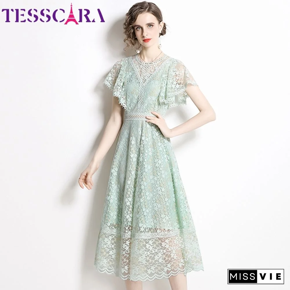 TESSCARA Women Summer Elegant Lace Dress Festa High Quality Long Wedding Cocktail Party Robe Vintage Designer A-Line Vestidos