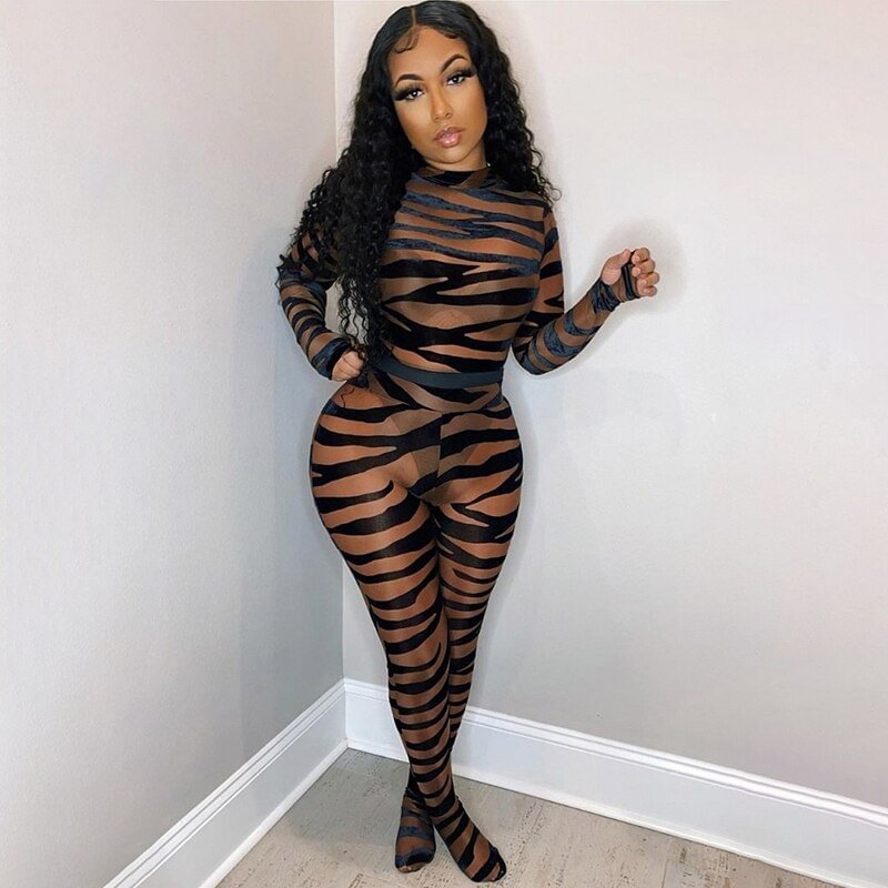 BIIKPIIK Striped Printing Jumpsuit Women Sexy See through Club Partywear Autumn Female Long Sleeve O-Neck Skinny Rompers Outfits
