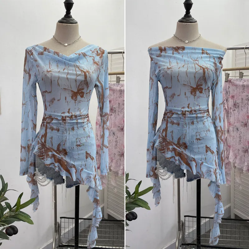 Brownm Purely Want A Word Shoulder Ink Print Tie-Dye Mesh Long-Sleeved Shirt Irregular Lotus Leaf Side Top 9936
