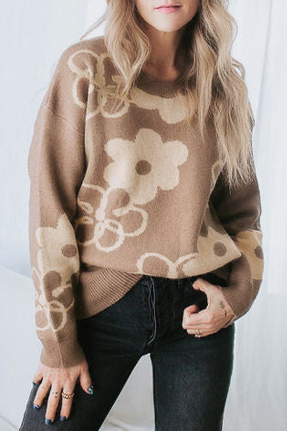 Cozy Camel Floral Knit Sweater with Drop Shoulder Detail