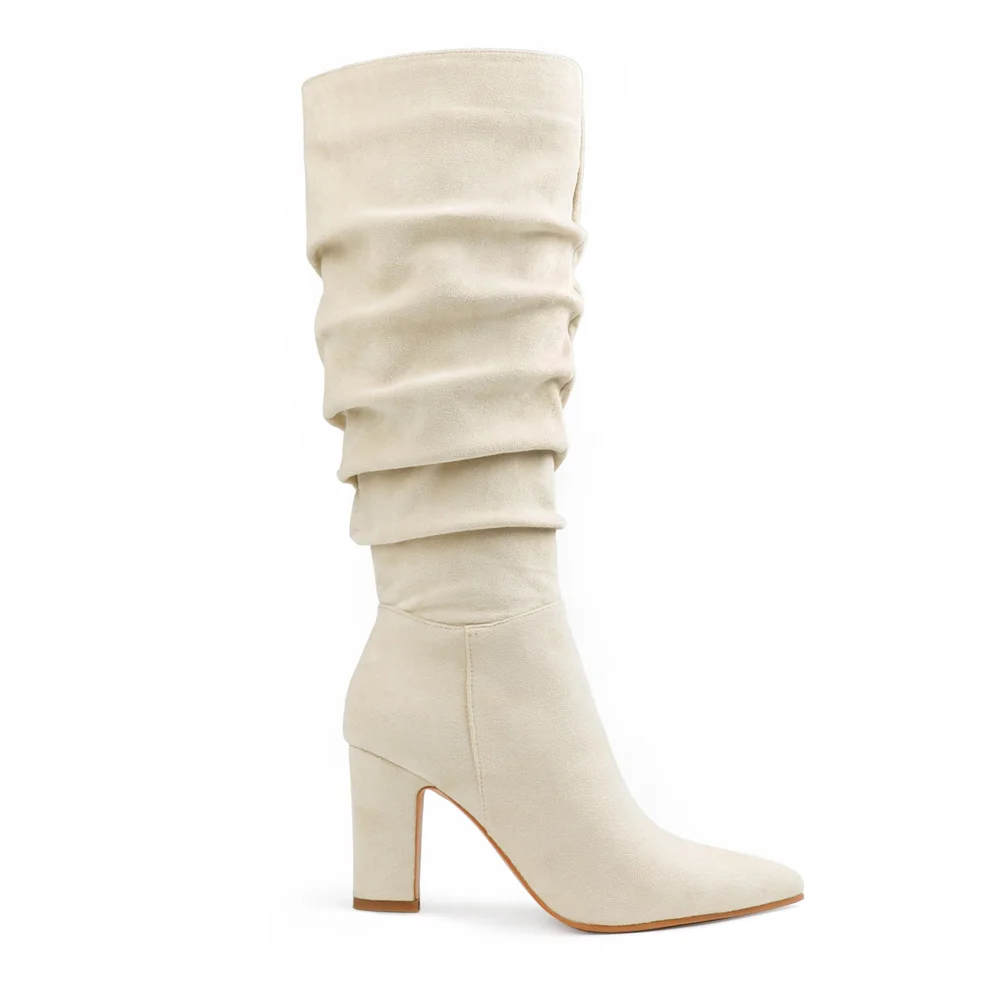 3.35" Women's Knee Boots Chunky Heels Zipper Fashion Sexy Suede Slouchy Boot-MERUMOTE