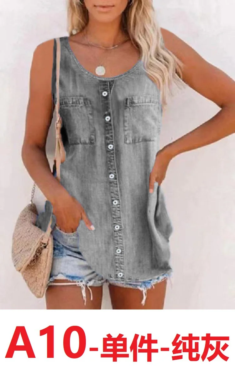 Nigikala Nigikala Women's 2025 Summer New Fashion Imitation Denim Vest Casual Print Sleeveless Top