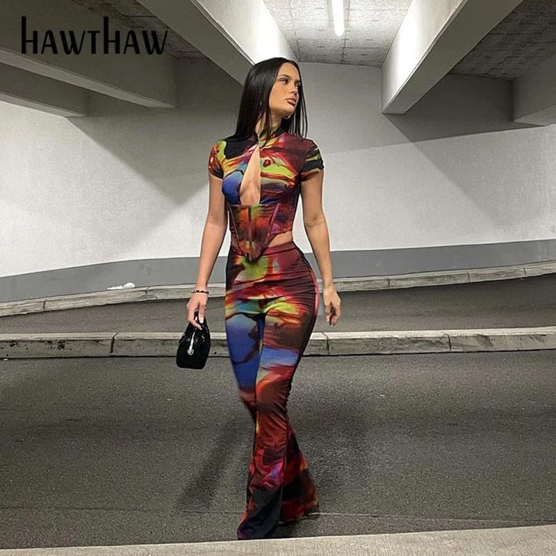 Hawthaw Women Short Sleeve Printed T Shirt Tops Long Pants Two Piece Sets Suits Outfits 2022 Summer Clothes Wholesale Items