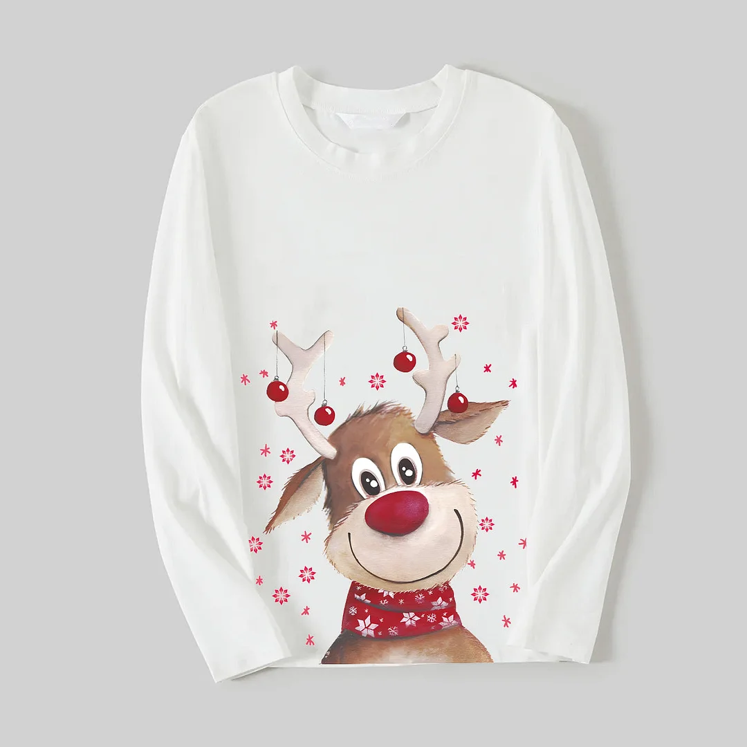 Brown Cute Christmas Elk Pattern 2024 White Long Sleeve with Black&Red Plaid Pants Family Matching Pajamas