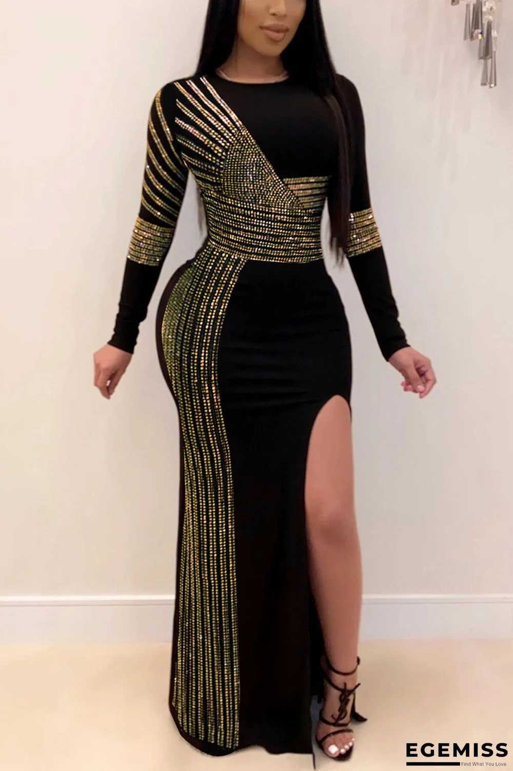 Gold Fashion Sexy Solid Slit Hot Drill O Neck Swagger Dresses | EGEMISS