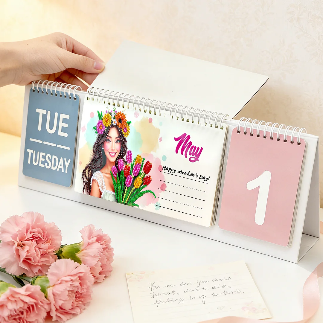 2026 Beautiful Flower DIY Diamond Art Painting Desk Calendar Special Shaped Drill Monthly Flip Tabletop Calendar Kit for Adults Beginners Gift Home Office Decor