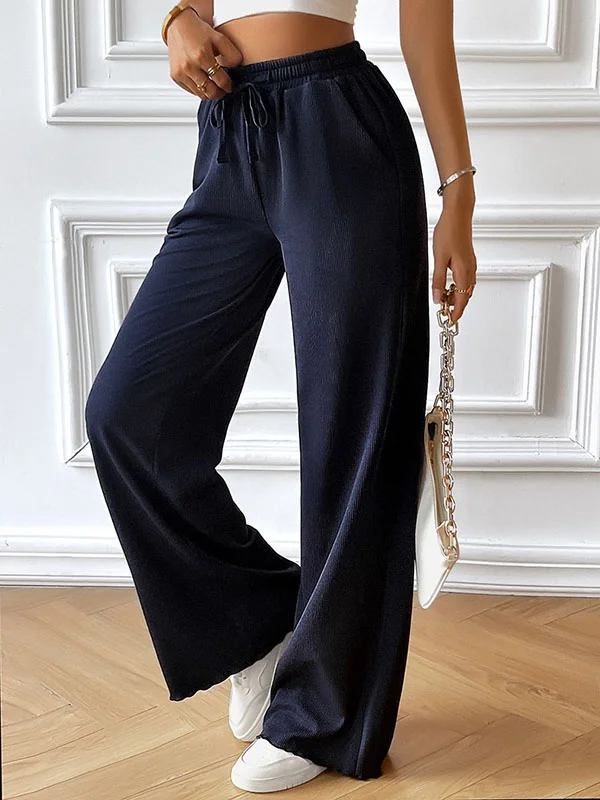 Solid Color Elasticity Drawstring Straight Leg Loose Trousers Pants