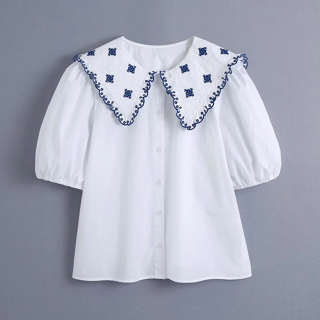 Zevity Women Agaric Lace Embroidery Patchwork Poplin Shirt Office Lady Puff Sleeve Casual Blouse Roupas Chic Chemise Tops LS9280