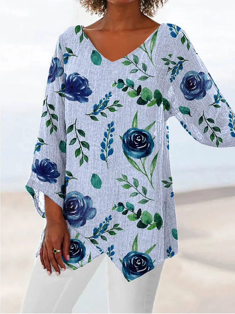 Womens Artistic  Rose Floral Cotton And linen V Collar Three quarter sleeves Top