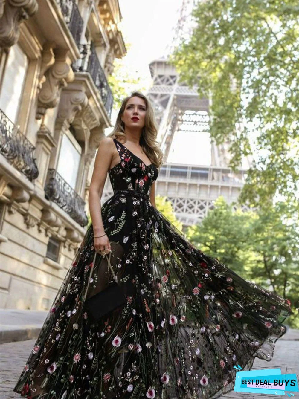 Sexy Deep V Slim Backless Big Hem Dress Sleeveless Embroidered Long Dress