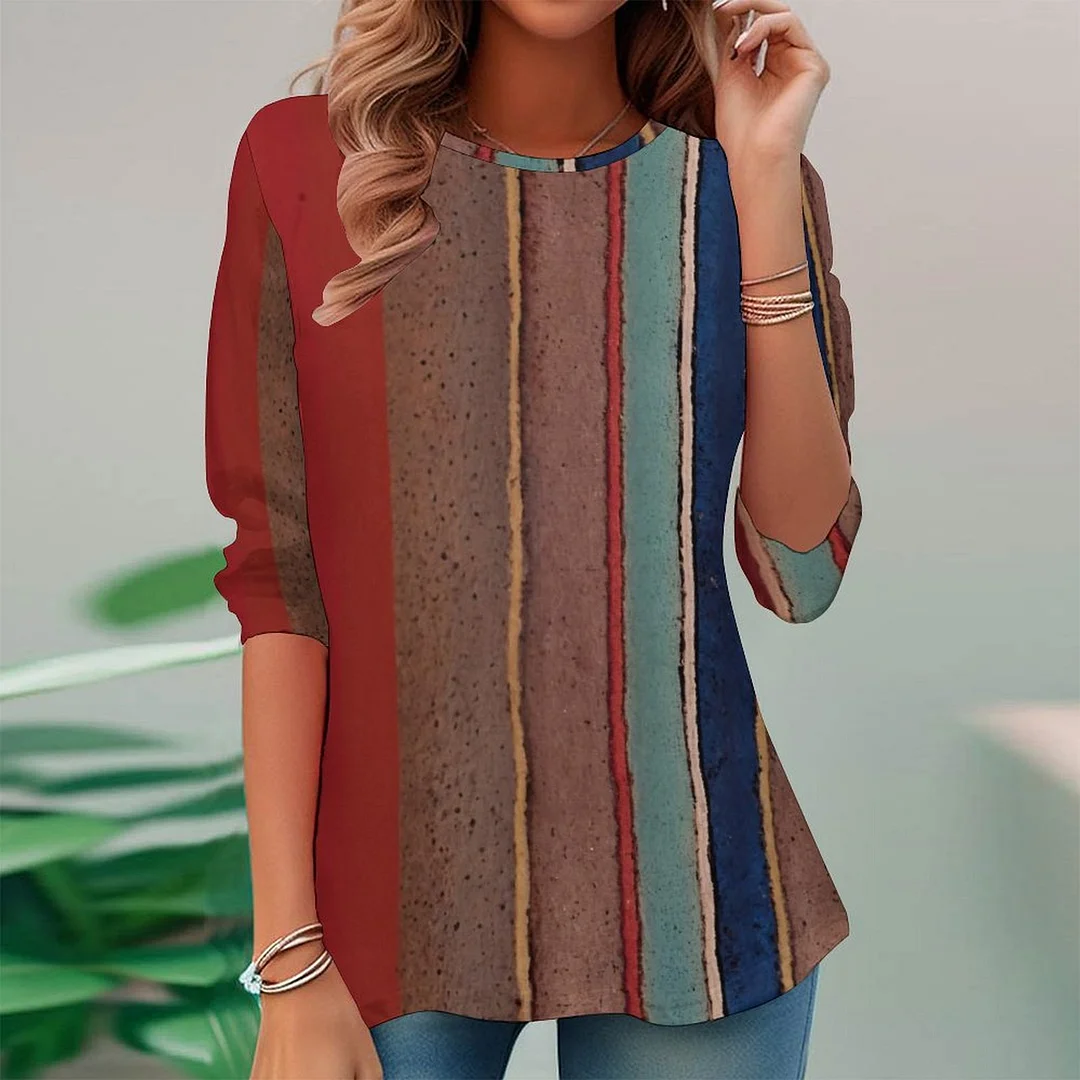 Vintage Printed Long Sleeve Plus Size Tunic for  Women and Men Unisex Pattern Striped,Blue,Red,Brown