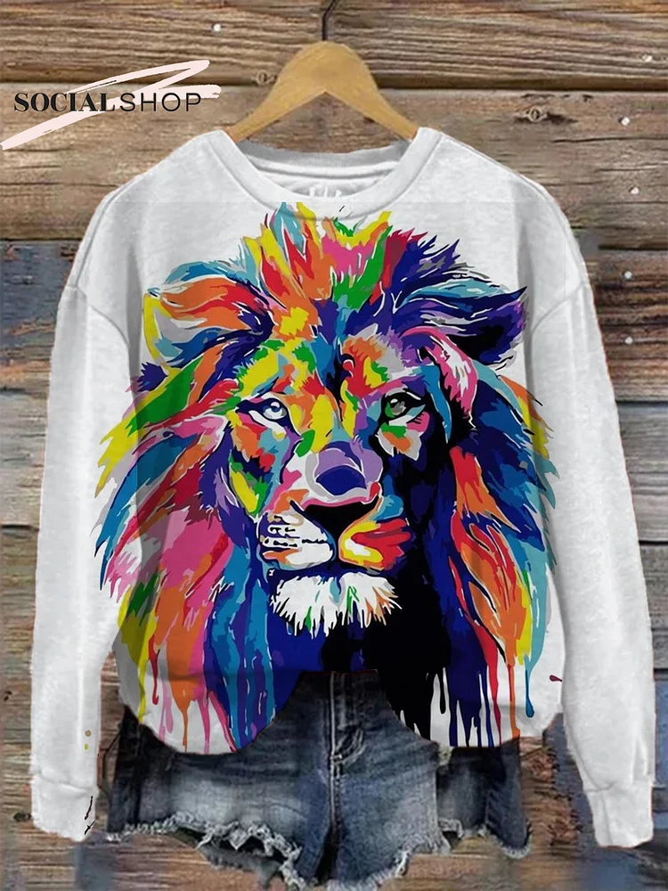 Watercolor Lion Portrait: Long Sleeve Round Neck Stylish Top socialshop