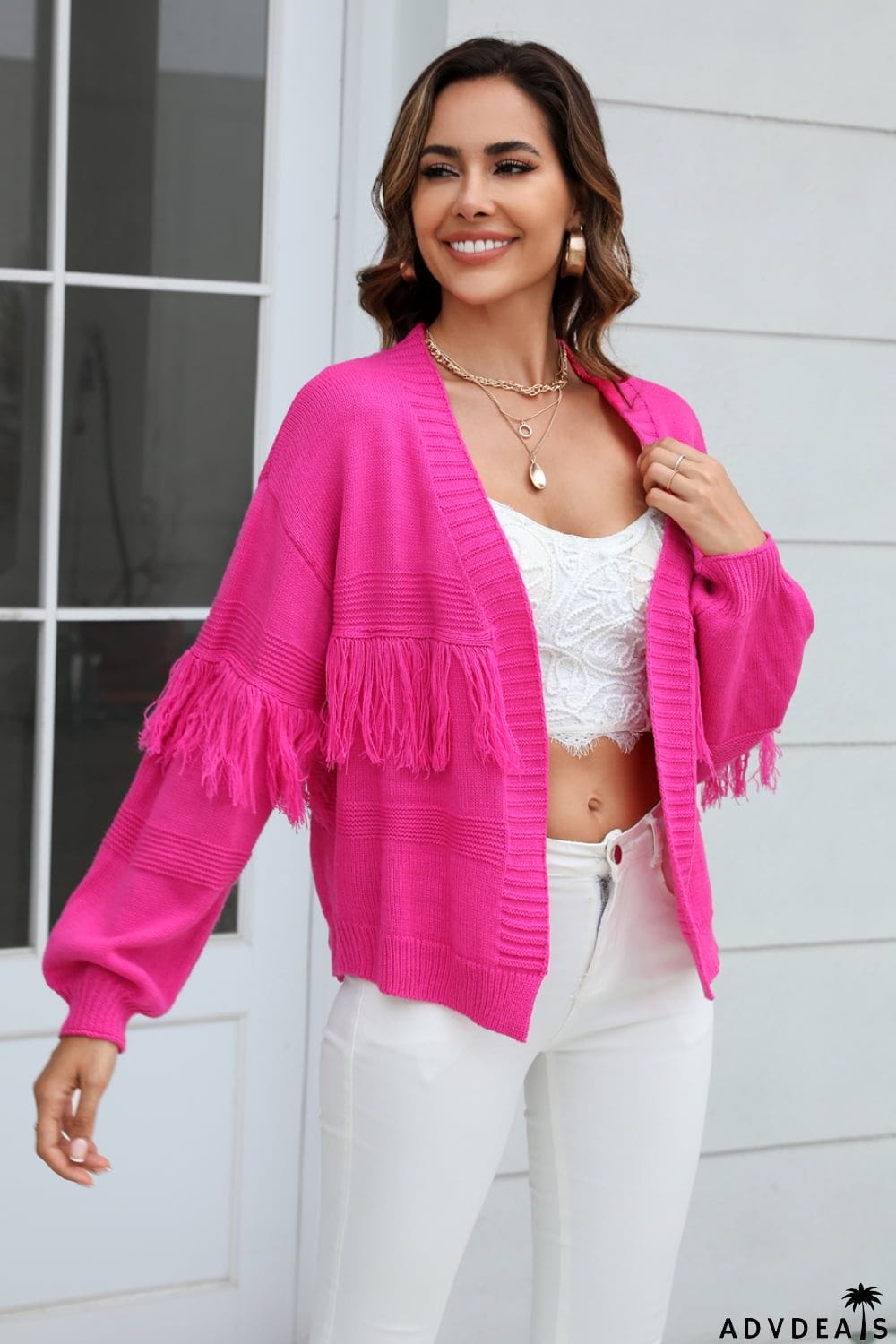 Fringe Trim Open Front Cardigan