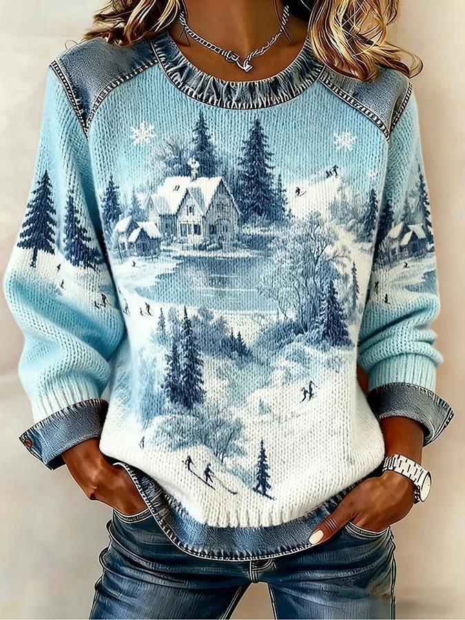 Women's Winter Retro Christmas Snow Scene Print Faux Denim Patchwork Top 