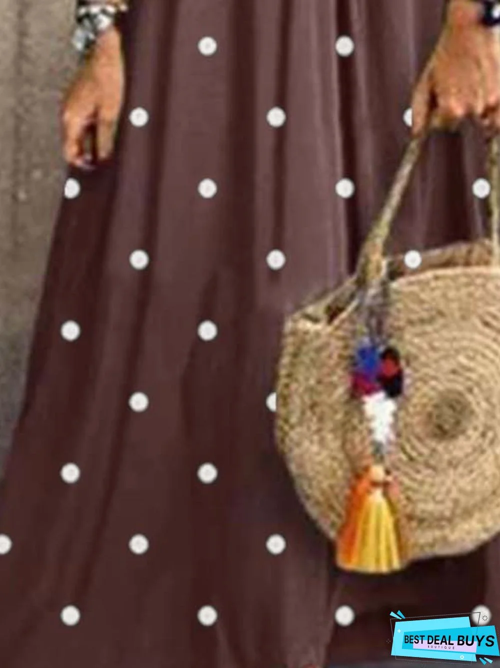 Coffee Round Neck Polka Dots Short Sleeve Knitting Dress