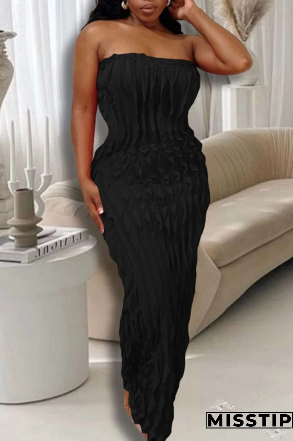 Black Sexy Casual Solid Backless Strapless Long Dress Dresses