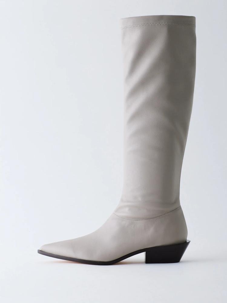 Off White Elastic Low Chunky Heel Western Mid Calf Boots