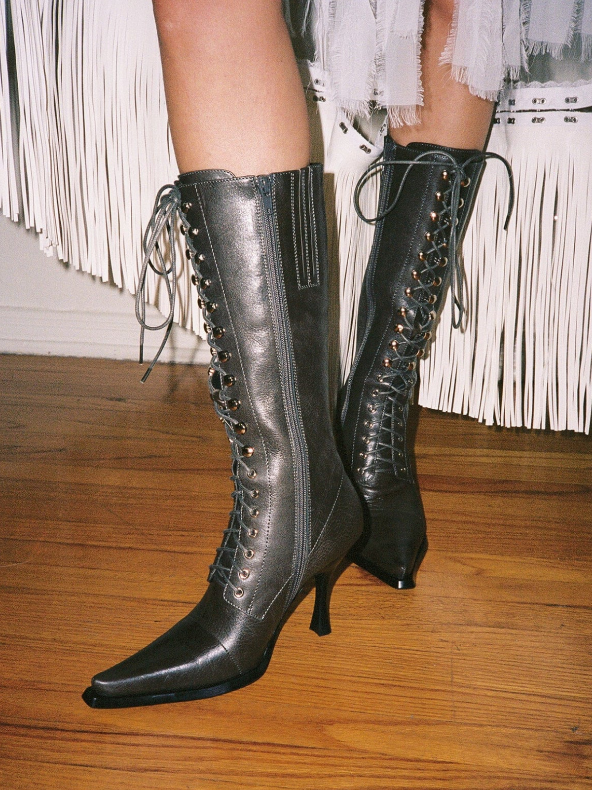 Taafo Lace-Up Pointed-Toe Full-Zip Mid Calf Stiletto Boots - Dark Gray