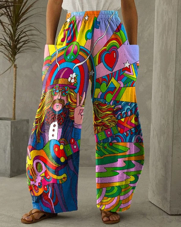 🔥kukelife🔥Hippie Music Print Casual Pocket Pants