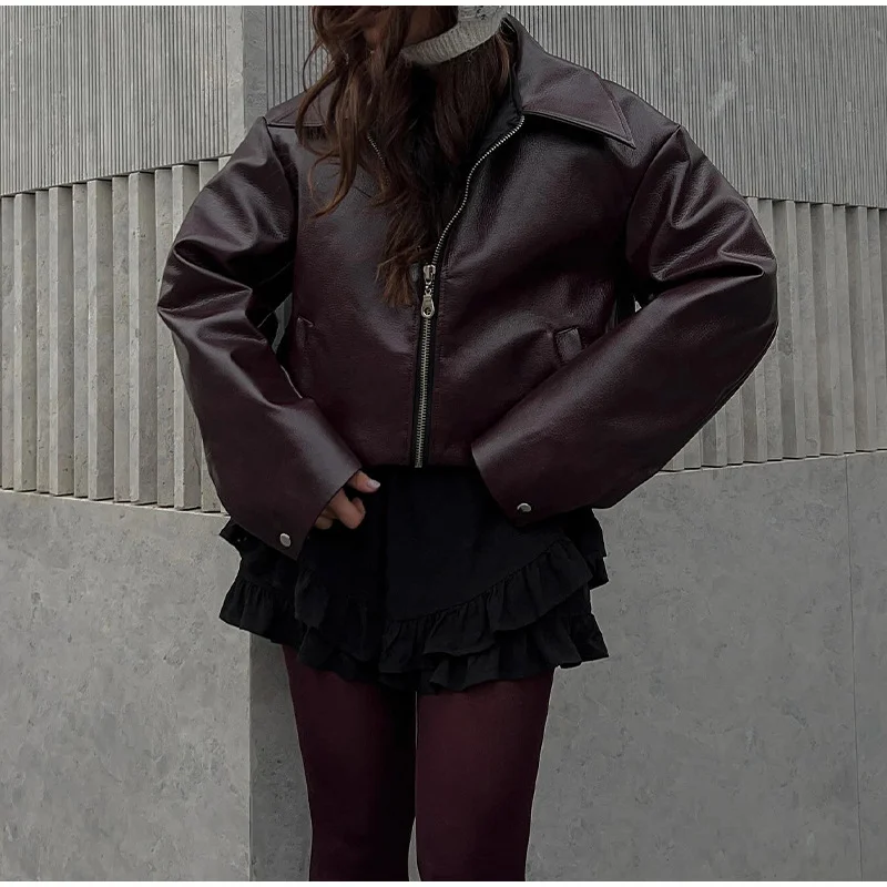 Ueong Ueong Selling Zip Jacket Leather Coat Spring Fashion Female Lapel Long Sleeve Street Trend Coat