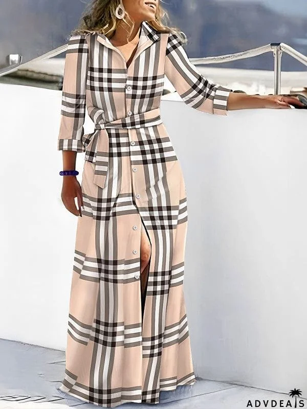 High Waisted Long Sleeves Buttoned Plaid Tied Waist V-Neck Maxi Dresses Shirt Dress