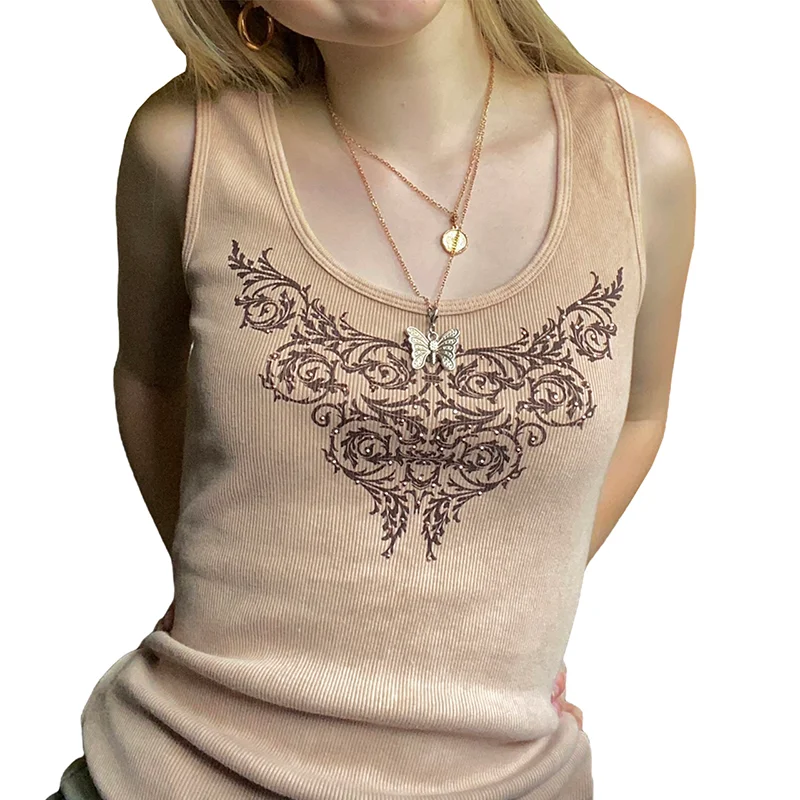 Graphic Print T Shirts Summer Sleeveless Round Neck Grunge Clothes Gothic Tee 2000s Aesthetic Knitted Tops Streetwear