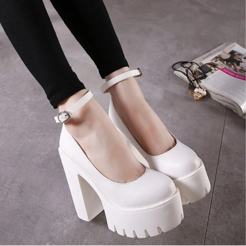 Qengg New Women's High Heels Fashion Round Toe Chunky Heel Mary Jane Shoes Platform Waterproof Buckle Casual Shoes Sapato Salto Alto