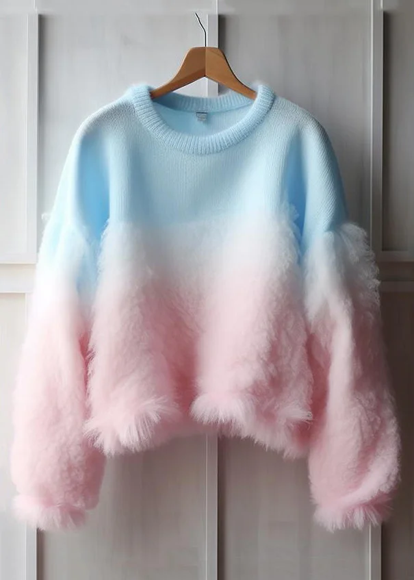 Chic Gradient Color Fluffy Patchwork Cozy Cotton Knit Sweaters Fall