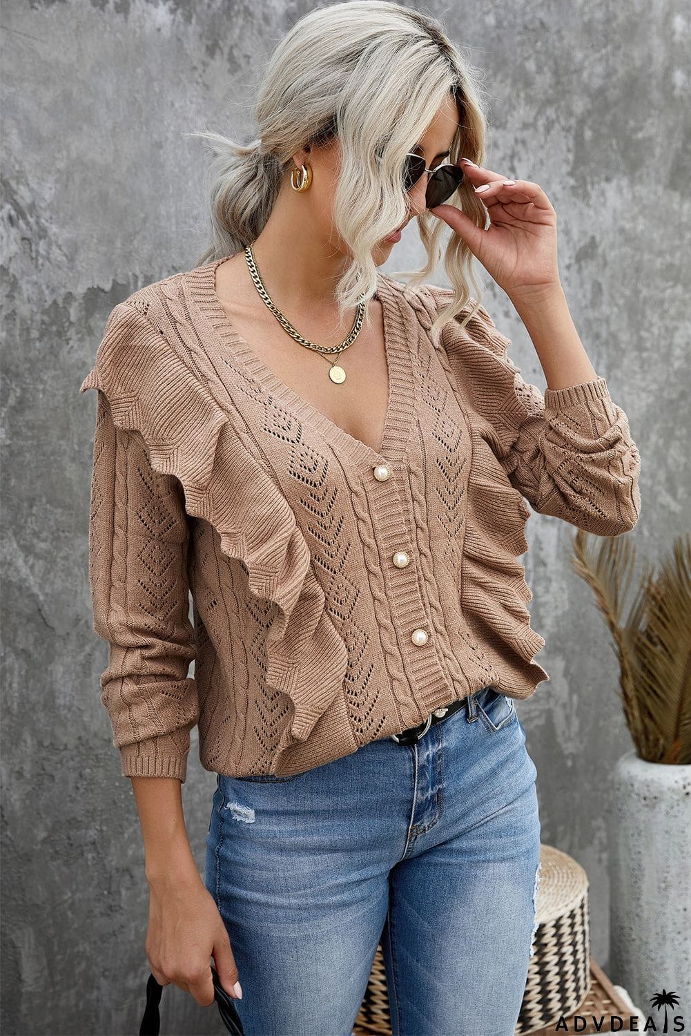 Ruffled Buttoned Open Front Knitted Sweater