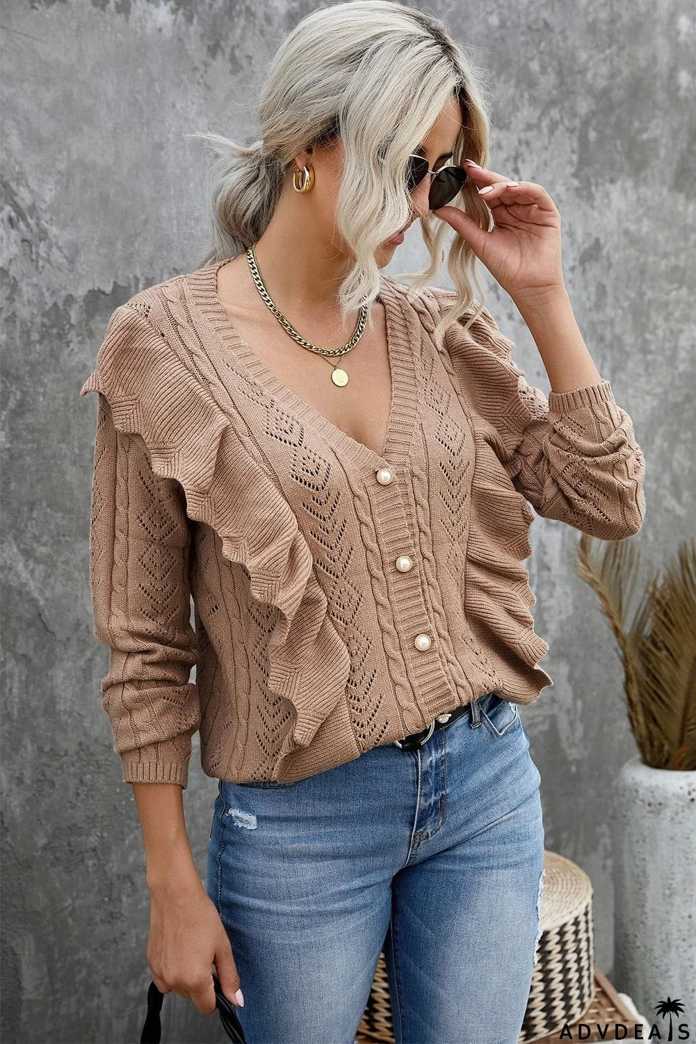 Ruffled Buttoned Open Front Knitted Sweater