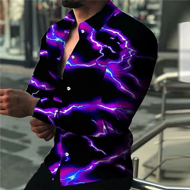 Fashion Lightning Pattern Turndown Collar Button Long Sleeve Shirt