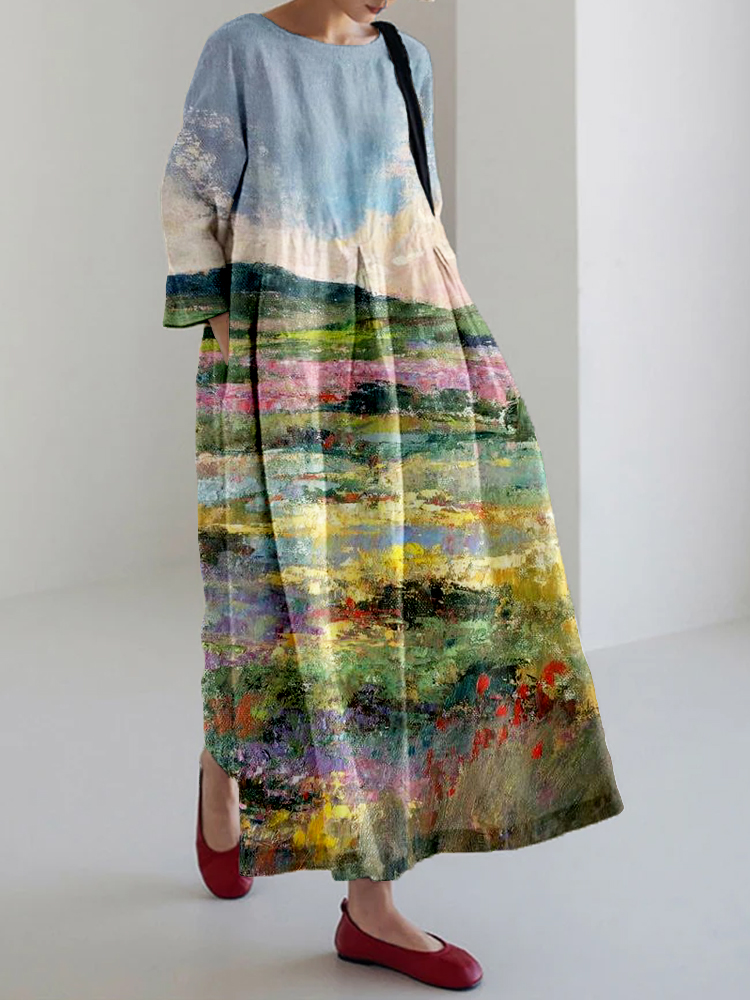 Flowers and Hills Landscape Art Linen Blend Maxi Dress