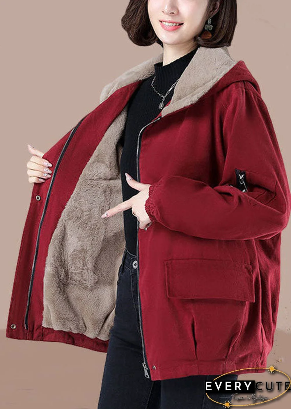 Classy Red Hooded Oversized Zippered Fuzzy Wool Lined Jackets Winter