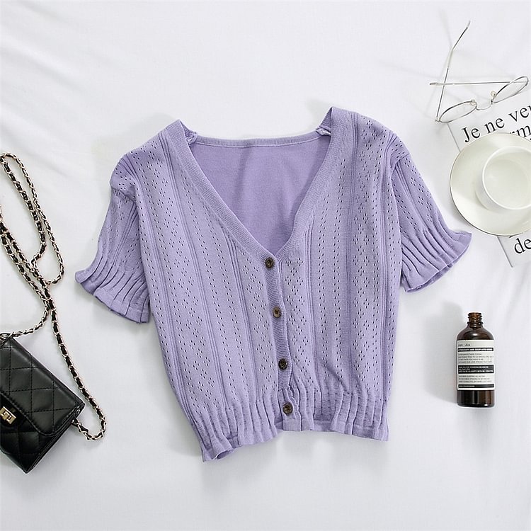 Heliar T-Shirt Women Purple V-Neck Button Up Summer Tees Short Sleeve Knitting Casual Street Outwear T-Shirts For Women Tops - Life is Beautiful for You - SheChoic