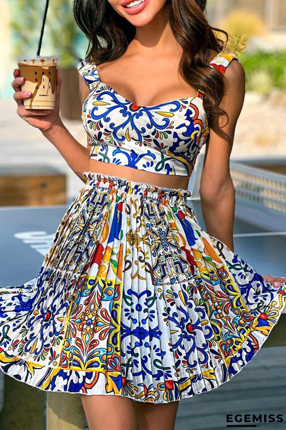 White Fashion Sexy Print Backless Spaghetti Strap Sleeveless Two Pieces | EGEMISS