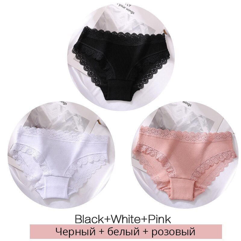 FINETOO Women Cotton Underpants Low Waist Lace Panties Ladies Briefs M-XL Cotton Underwear 3Pcs/set Girls Panty Female Lingerie